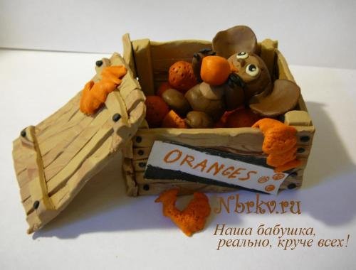 Лепим с детьми из пластилина ящик с апельсинами для Чебурашки.